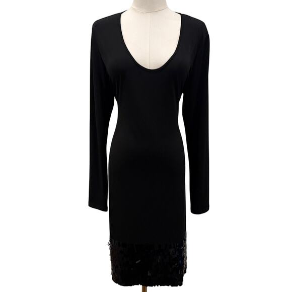 Clavin Klein Black Long Sleeve Midi Dress Sequin Hem 14 Cocktail Elegant Sexy - Picture 1 of 8